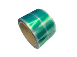 Groene polyester stickers rond O75mm hittebestendig  218 C  500st/rol